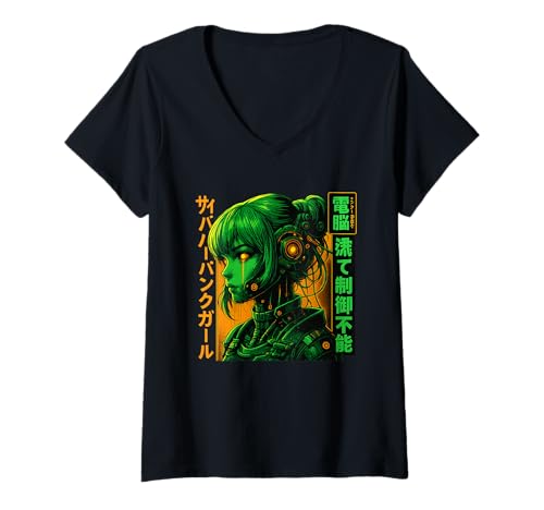 Damen Cyberpunk Anime Girl Futuristischer Cyberpunk-Anime Süßer Roboter T-Shirt mit V-Ausschnitt von ANIME MANGA CYBERPUNK AESTHETIC
