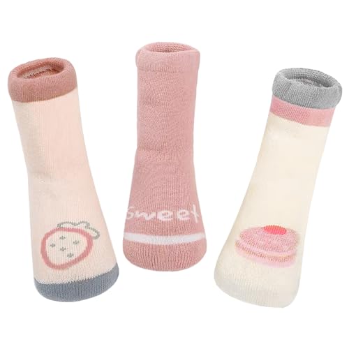 ANIMQUE 3 Paar Baby Winter Socken Dicke Mid-Calf Socken 1-3 Jahre Neugeborene Kleinkind Jungen Mädchen Baumwolle Warm Söckchen Weich Bequem mit Cartoon-Muster, Erdbeeren M von ANIMQUE