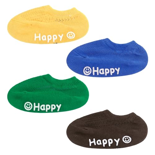 ANIMQUE 4 Paare Baby Kleinkind Unsichtbare Socken 3-5 Jahre Kinder Boden Krabbeln Anti-Rutsch-Socken Plain Liners Knöchelsocken Jungen Mädchen Dünnes Mesh Atmungsaktiv, Kaffee Grün Blau Gelb M von ANIMQUE