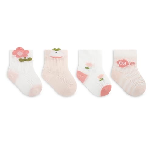 ANIMQUE 4 Paare Unisex Baby Sommer Socken 0-1 Jahre Kleinkind Kinder Dünne Baumwolle Mesh Atmungsaktive Socken Niedliche Cartoon Elastische Weiche Bequeme Socken, Blume Rosa S von ANIMQUE