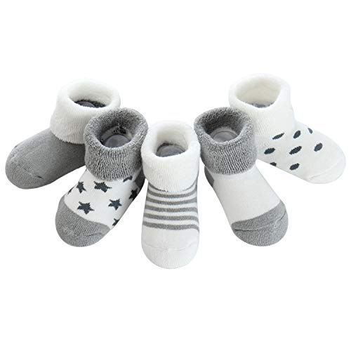 ANIMQUE 5 Paar Babysocken Winter Dicke Warm Baumwolle Socken 0-12 Monate Neugeborene Kleinkind Söckchen Jungen Mädchen Wintersocken Grau, XS von ANIMQUE