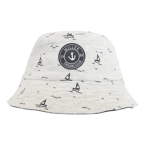 ANIMQUE Baby Doppelseitig Fischerhut Breite Krempe Segelboot Jungen Mädchen Atmungsaktiv Baumwolle Kinder Sommer Fischer-Sonnenhut mit Kinnriemen 0-7 Jahre, Doppelseitig Grau Marineblau 50 cm von ANIMQUE