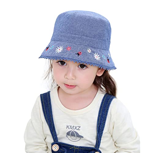 ANIMQUE Baby Eimer Hut Kleinkind Sommer Breiter Krempe Fischerhut Mädchen Kinder Karikatur Stickerei Tragbare Weiche Strandkappe, Marienkäfer Blume Denim 51 cm von ANIMQUE