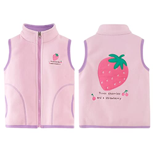 ANIMQUE Baby Kinder Fleeceweste Jungen Mädchen Polar Fleece Weste Stehkragen Reißverschluss Ärmellose Kinderjacke Cartoon Muster, Erdbeere Rosa 110 von ANIMQUE