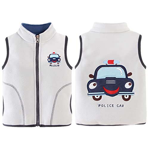 ANIMQUE Baby Kinder Fleeceweste Jungen Mädchen Polar Fleece Weste Stehkragen Reißverschluss Ärmellose Kinderjacke Cartoon Muster, Polizeiauto Grau 100 von ANIMQUE