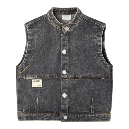 Baby Kleinkind Denim Weste Frühling Herbst Ärmellose Jacke Jungen Mädchen Stehkragen Oberteil Einfarbig Klassisch Casual Knopf Oberbekleidung, Schwarz 120 von ANIMQUE