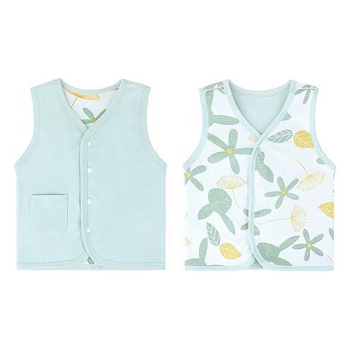 ANIMQUE Baby Kleinkind Doppelseitig Westen Frühling Herbst Kinderweste Baumwoll Kinder Ärmellose Jacke Dünn Strickjacke Oberteil mit Druckknopf, Grün 90 von ANIMQUE