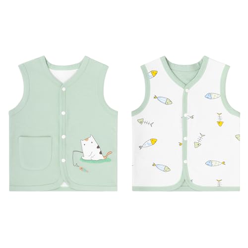 ANIMQUE Baby Kleinkind Kinder Baumwoll Westen Doppelseitig Ärmellose Jacke Kinderweste mit Druckknopf Frühling Herbst, Fischfang Katze Grün 100 von ANIMQUE