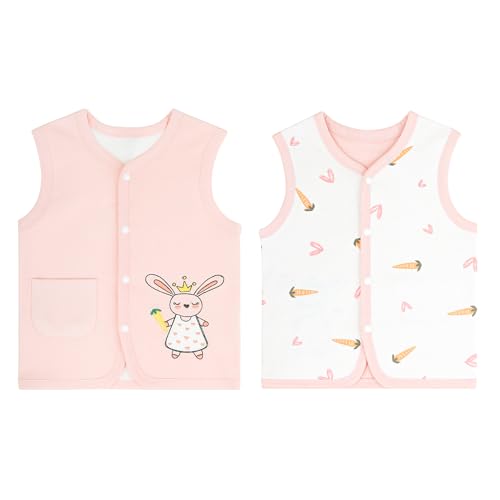 ANIMQUE Baby Kleinkind Kinder Baumwoll Westen Doppelseitig Ärmellose Jacke Kinderweste mit Druckknopf Frühling Herbst, Hase Rosa 110 von ANIMQUE