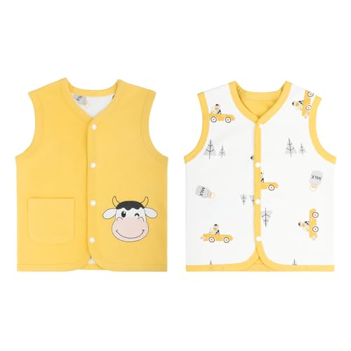 ANIMQUE Baby Kleinkind Kinder Baumwoll Westen Doppelseitig Ärmellose Jacke Kinderweste mit Druckknopf Frühling Herbst, Milchvieh Gelb 90 von ANIMQUE