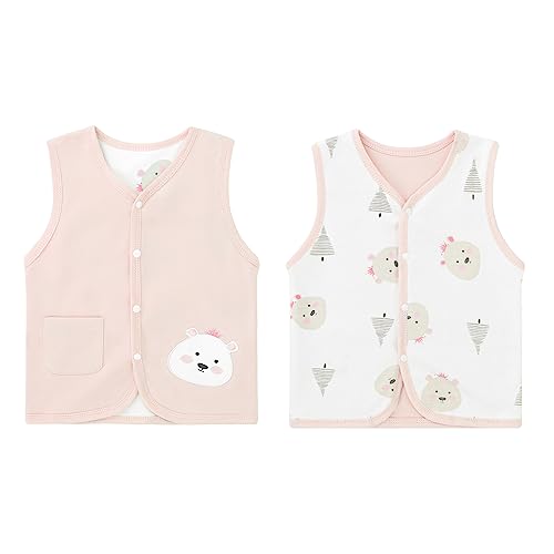 ANIMQUE Baby Kleinkind Kinder Baumwoll Westen Doppelseitig Ärmellose Jacke Kinderweste mit Druckknopf Frühling Herbst mit Cartoon Muster, Bär Rosa 100 von ANIMQUE