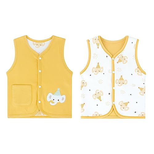 ANIMQUE Baby Kleinkind Kinder Baumwoll Westen Doppelseitig Ärmellose Jacke Kinderweste mit Druckknopf Frühling Herbst mit Cartoon Muster, Elefant Gelb 66 von ANIMQUE