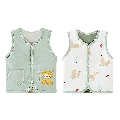 ANIMQUE Baby Kleinkind Kinder Baumwoll Westen Doppelseitig Ärmellose Jacke Kinderweste mit Druckknopf Frühling Herbst mit Cartoon Muster, Tiger Grün 110 von ANIMQUE