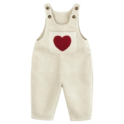 ANIMQUE Baby Kleinkind Kinder Cord Latzhosen Overall Jungen Mädchen Ärmellose Jumpsuits Verstellbare Hosenträger Hose Basic mit Herzstickerei 0-4 Jahr, Beige 90 von ANIMQUE