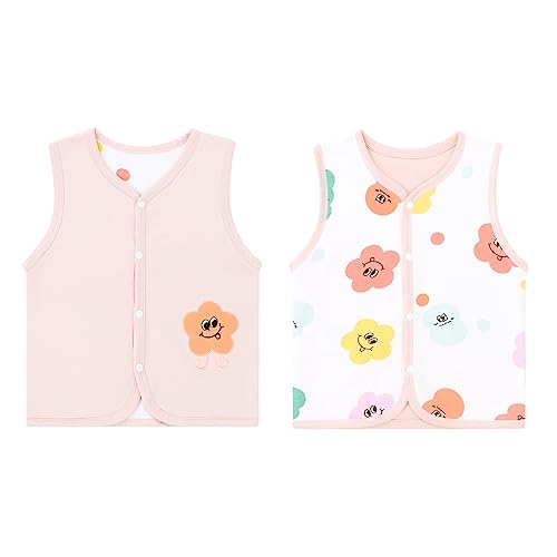 ANIMQUE Baby Kleinkind Kinder Doppelseitig Westen Frühling Herbst Baumwoll Dünn Ärmellose Jacke Kinderweste mit Druckknopf mit Cartoon Muster, Blumen Rosa 100 von ANIMQUE