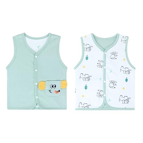 ANIMQUE Baby Kleinkind Kinder Doppelseitig Westen Frühling Herbst Baumwoll Dünn Ärmellose Jacke Kinderweste mit Druckknopf mit Cartoon Muster, Elefant Grün 110 von ANIMQUE