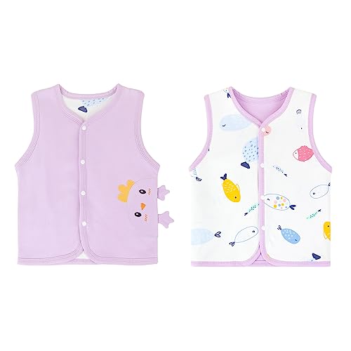 ANIMQUE Baby Kleinkind Kinder Doppelseitig Westen Frühling Herbst Baumwoll Dünn Ärmellose Jacke Kinderweste mit Druckknopf mit Cartoon Muster, Hühner Lila 100 von ANIMQUE