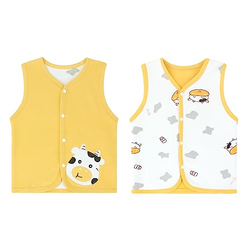 ANIMQUE Baby Kleinkind Kinder Doppelseitig Westen Frühling Herbst Baumwoll Dünn Ärmellose Jacke Kinderweste mit Druckknopf mit Cartoon Muster, Milchvieh Gelb 110 von ANIMQUE