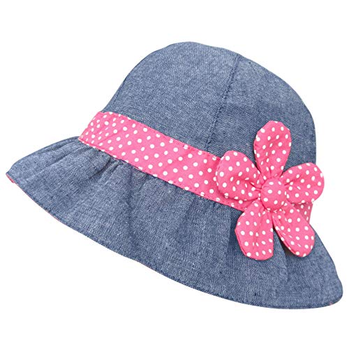 ANIMQUE Baby Mädchen Denim Sonnenhut Polka Band und Blume Magenta Baumwolle Fischerhut Sommer Sonnenschutz Kinderhut, 50cm von ANIMQUE