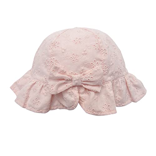 ANIMQUE Baby Ultraleicht Baumwolle Sonnenhut Weich Sommer Mädchen Bestickt Spitze Eimerhut Kleinkind Süße Prinzessin Schleife mit Verstellbar Kinnriemen 0-4 Jahre, Rosa 52cm von ANIMQUE