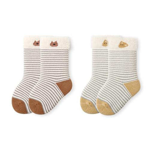 ANIMQUE Baby Winter Socken Verdickte Warme Socken Niedliche Karikatur Gestreift 6-12 Monate Kleinkind Kinder Jungen Mädchen Baumwolle Socken, Streifen Grau Blaua S von ANIMQUE