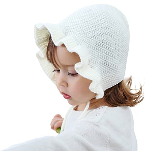 ANIMQUE Babymütze Mädchen Höfischer Stil Gekräuselte Strickmütze 0-1 Jahre Frühling Herbst Süß Sonnenblumen Prinzessin Mütze, Beige von ANIMQUE