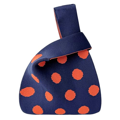 ANIMQUE Damen Häkeln Tragetasche Gestrickt Ärmel Knoten Tasche Geschenk Tasche Kleine Niedliche Tragbare Geldbörse Tote mit Polka-Dot-Muster, Navy Orange von ANIMQUE
