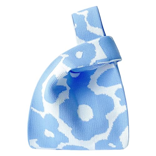 ANIMQUE Damen Häkeln Tragetasche Schultertasche mit Blümchen Muster Geschenk Tasche Kleine Niedliche Gestrickt Ärmel Knoten Tasche Tragbare Geldbörse Tote, Weiß Blau von ANIMQUE