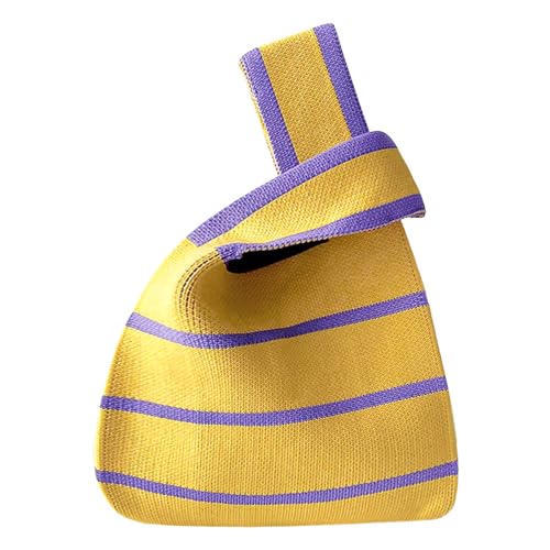 ANIMQUE Damen Häkeln Tragetasche mit Nadelstreifen Muster Geschenk Tasche Faltbar Ärmel Knoten Tasche Schultertasche Gestrickt Tragbare Kleine Geldbörse Tote, Gelb von ANIMQUE
