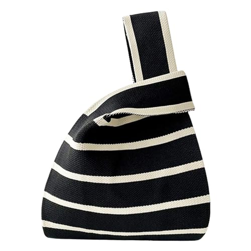 ANIMQUE Damen Häkeln Tragetasche mit Nadelstreifen Muster Geschenk Tasche Faltbar Ärmel Knoten Tasche Schultertasche Gestrickt Tragbare Kleine Geldbörse Tote, Schwarz von ANIMQUE