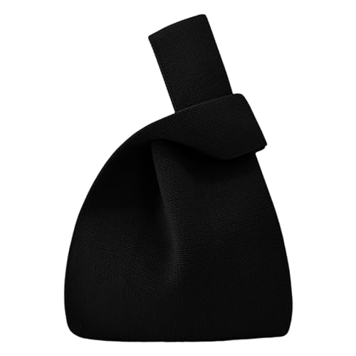 ANIMQUE Damen Häkeln Tragetasche Einfarbig Geschenk Tasche Schultertasche Gestrickt Ärmel Knoten Tasche Kleine Niedliche Tragbare Geldbörse Faltbar Tote, Schwarz von ANIMQUE