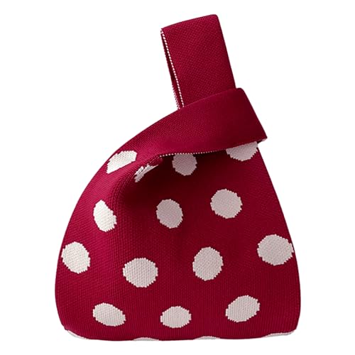 ANIMQUE Frauen Häkeln Tragetasche Gestrickt Ärmel Knoten Tasche Geschenk Tasche Kleine Niedliche Tragbare Geldbörse Tote mit Polka-Dot-Muster, Rot weiß von ANIMQUE