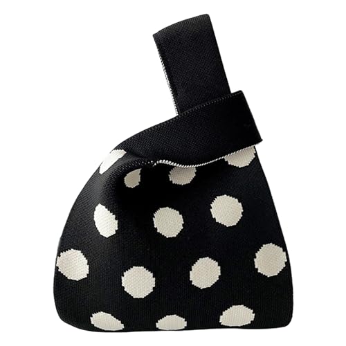 ANIMQUE Frauen Häkeln Tragetasche Gestrickt Ärmel Knoten Tasche Geschenk Tasche Kleine Niedliche Tragbare Geldbörse Tote mit Polka-Dot-Muster, Schwarz Weiß von ANIMQUE