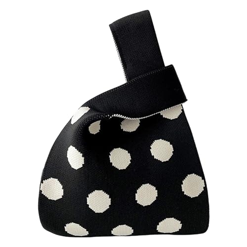 ANIMQUE Damen Häkeln Tragetasche Gestrickt Ärmel Knoten Tasche Geschenk Tasche Kleine Niedliche Tragbare Geldbörse Tote mit Polka-Dot-Muster, Schwarz Weiß von ANIMQUE