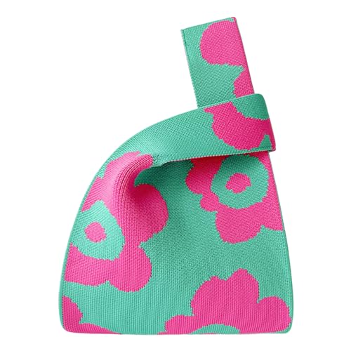 ANIMQUE Frauen Häkeln Tragetasche Schultertasche mit Blümchen Muster Geschenk Tasche Kleine Niedliche Gestrickt Ärmel Knoten Tasche Tragbare Geldbörse Tote, Grün Rosarot von ANIMQUE