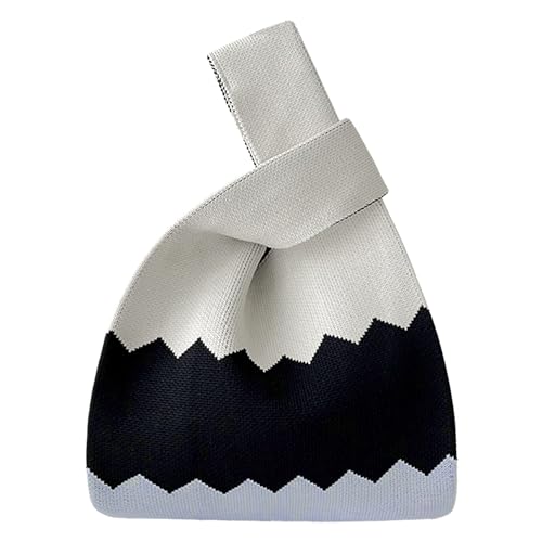 ANIMQUE Häkeln Tragetasche Damen Schultertasche Geschenk Tasche Gestrickt Kleine Ärmel Knoten Tasche Niedliche Tragbare Geldbörse Tote mit Wellenförmiges Muster, Beige Schwarz Grau von ANIMQUE