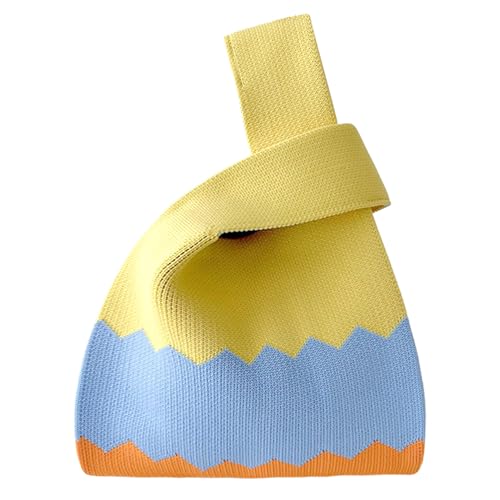 ANIMQUE Häkeln Tragetasche Damen Schultertasche Geschenk Tasche Gestrickt Kleine Ärmel Knoten Tasche Niedliche Tragbare Geldbörse Tote mit Wellenförmiges Muster, Gelb Blau Orange von ANIMQUE