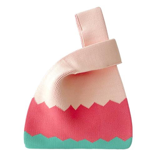 ANIMQUE Häkeln Tragetasche Damen Schultertasche Geschenk Tasche Gestrickt Kleine Ärmel Knoten Tasche Niedliche Tragbare Geldbörse Tote mit Wellenförmiges Muster, Hellrosa Rot Türkis von ANIMQUE