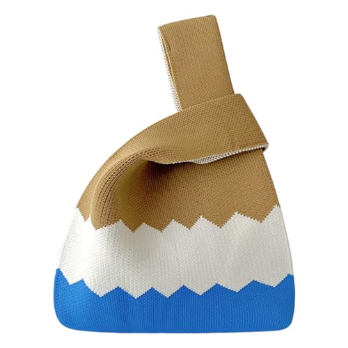 ANIMQUE Häkeln Tragetasche Damen Schultertasche Geschenk Tasche Gestrickt Kleine Ärmel Knoten Tasche Niedliche Tragbare Geldbörse Tote mit Wellenförmiges Muster, Khaki Weiß Blau von ANIMQUE