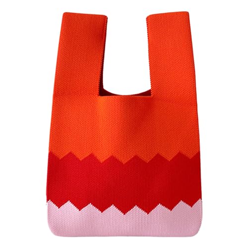ANIMQUE Häkeln Tragetasche Damen Schultertasche Geschenk Tasche Gestrickt Kleine Ärmel Knoten Tasche Niedliche Tragbare Geldbörse Tote mit Wellenförmiges Muster, Orange Rot Rosa von ANIMQUE