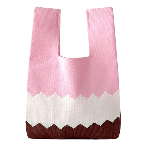ANIMQUE Häkeln Tragetasche Damen Schultertasche Geschenk Tasche Gestrickt Kleine Ärmel Knoten Tasche Niedliche Tragbare Geldbörse Tote mit Wellenförmiges Muster, Rosa Weiß Braun von ANIMQUE