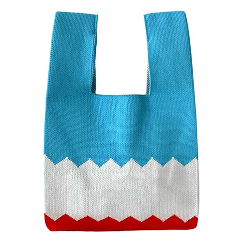 ANIMQUE Häkeln Tragetasche Damen Schultertasche Geschenk Tasche Gestrickt Kleine Ärmel Knoten Tasche Niedliche Tragbare Geldbörse Tote mit Wellenförmiges Muster, Türkis Weiß Rot von ANIMQUE