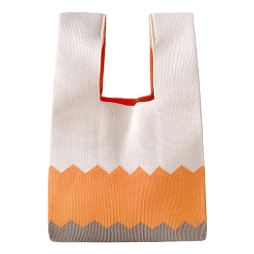 ANIMQUE Häkeln Tragetasche Damen Schultertasche Geschenk Tasche Gestrickt Kleine Ärmel Knoten Tasche Niedliche Tragbare Geldbörse Tote mit Wellenförmiges Muster, Weiß Orange Koffein von ANIMQUE