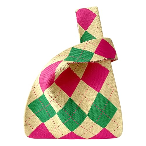 ANIMQUE Häkeln Tragetasche Damen Schultertasche Geschenk Tasche mit Rhombisch Karo Muster Gestrickt Ärmel Knoten Tasche Kleine Niedliche Tragbare Geldbörse Tote, Gelb Grün von ANIMQUE