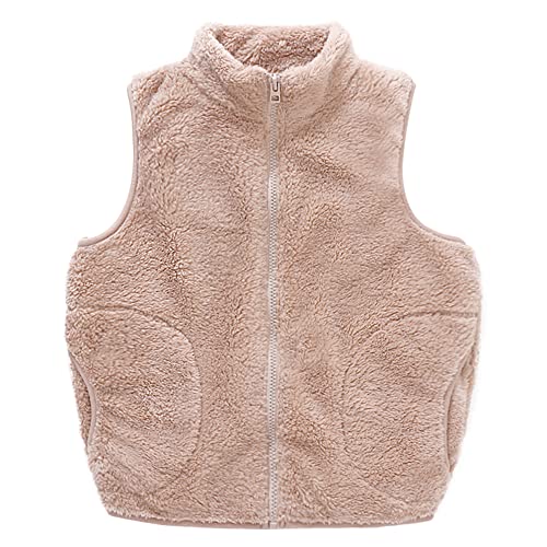 ANIMQUE Kinder Fleece Weste Winter Baby Kleinkind Jungen Mädchen Eltern-Kind Fleeceweste Super Warm Plüsch Shu-Velveteen Ärmellose Jacke Stehkragen mit Reißverschluss, Khaki 130 von ANIMQUE