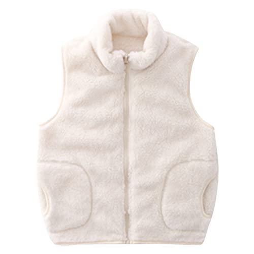 ANIMQUE Kinder Fleece Weste Winter Baby Kleinkind Jungen Mädchen Eltern-Kind Fleeceweste Super Warm Plüsch Shu-Velveteen Ärmellose Jacke Stehkragen mit Reißverschluss, Weiß 130 von ANIMQUE