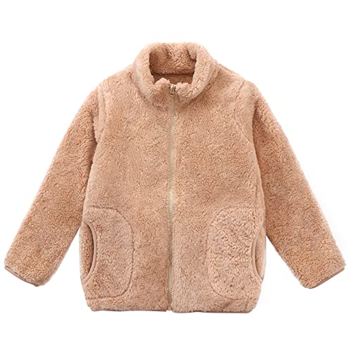 ANIMQUE Kinder Fleecejacke Stehkragen Durchgehender Reißverschluss Eltern-Kind Jacke Winter Kleinkind Jungen Mädchen Warm Plüsch Korallenvlies Outerwear, Khaki 120 von ANIMQUE