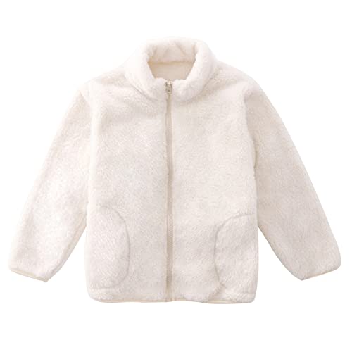 ANIMQUE Kinder Fleecejacke Stehkragen Durchgehender Reißverschluss Eltern-Kind Jacke Winter Kleinkind Jungen Mädchen Warm Plüsch Korallenvlies Outerwear, Weiß 100 von ANIMQUE