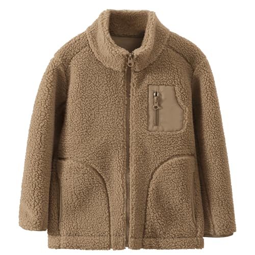 ANIMQUE Kleinkind Kinder Polar Fleece Jacke Herbst Winter Verdicken Stehkragen Winddicht Schwirren Mantel Eltern-Kind Einfach Oberteile Oberbekleidung mit Taschen, Braun 130 von ANIMQUE
