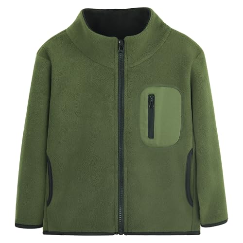 ANIMQUE Kleinkind Kinder Polar Fleece Jacke Stehkragen Winddichte Jacke Reißverschluss Leichte Mantel Einfach Eltern-Kind Oberbekleidung, Olivgrün 140 von ANIMQUE
